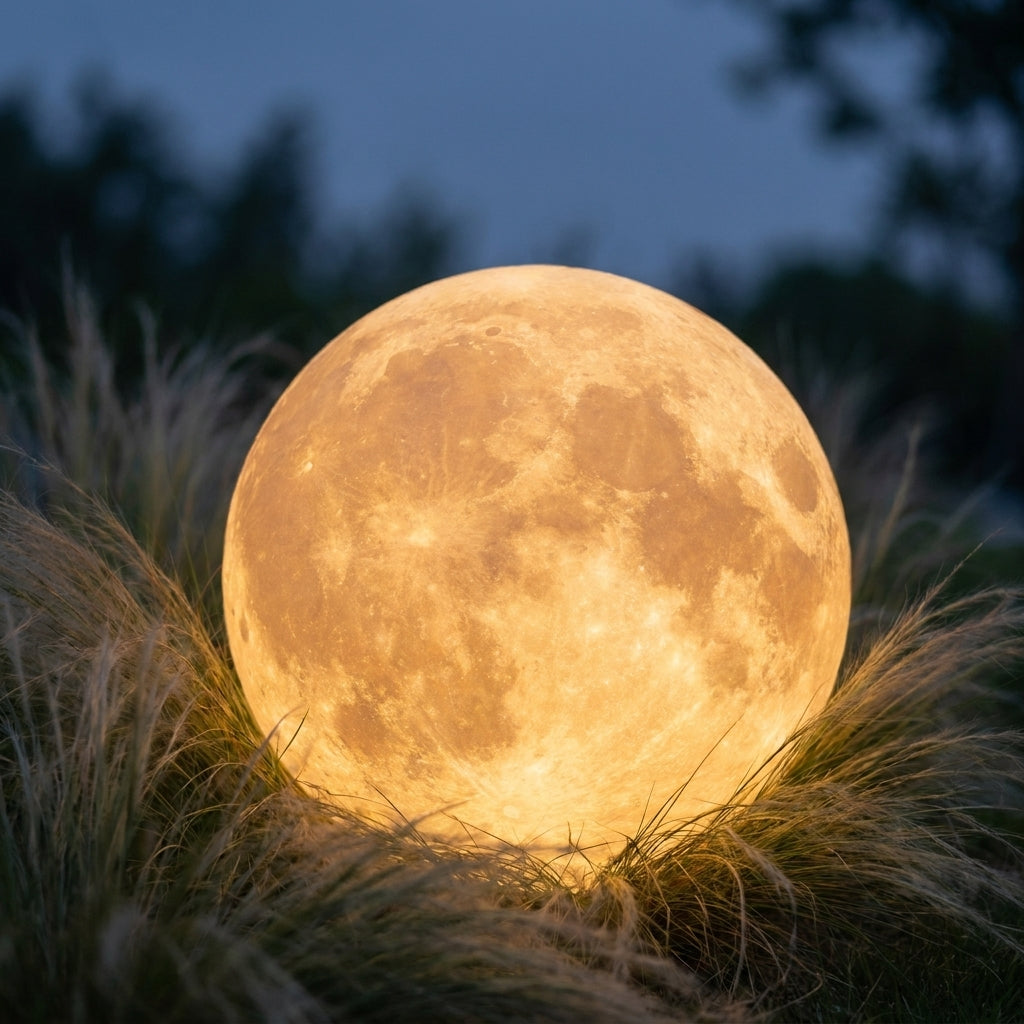 Solar Moon Ball Garden Lights – close-up of a single moon light in grass