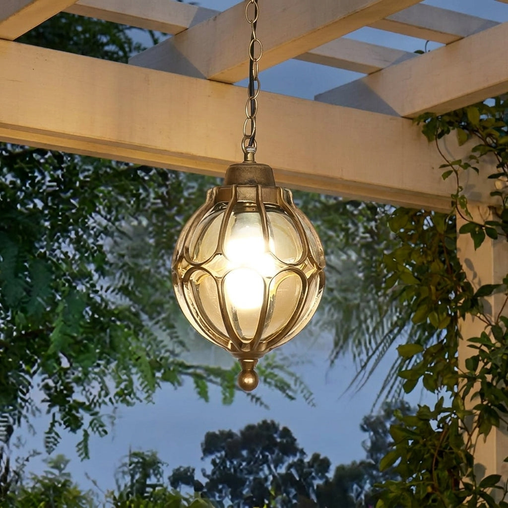 Outdoor Glass Globe Pendant Light – hanging under a pergola among climbing vines