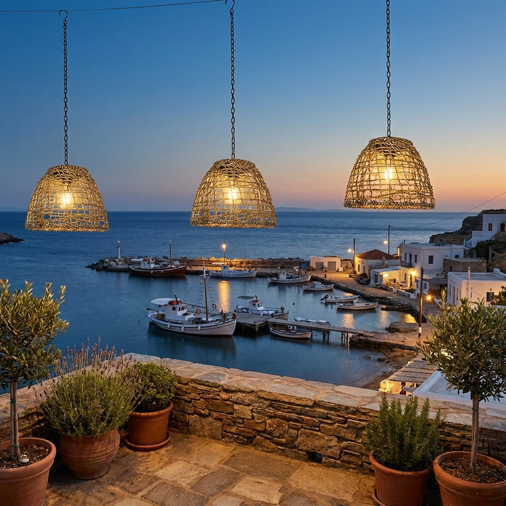 Solar Bell Outdoor Pendant Lantern – lit hanging over a harbourside terrace at sunset