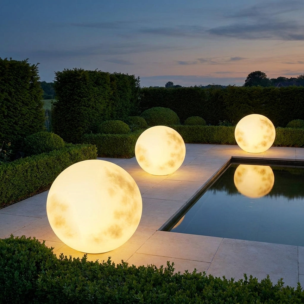 Solar Moon Ball Garden Lights – three moon lights glowing beside a reflecting pool