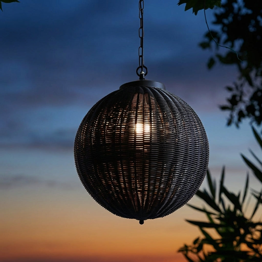 Black Rattan Outdoor Pendant Lantern – single lantern hanging against a sunset sky