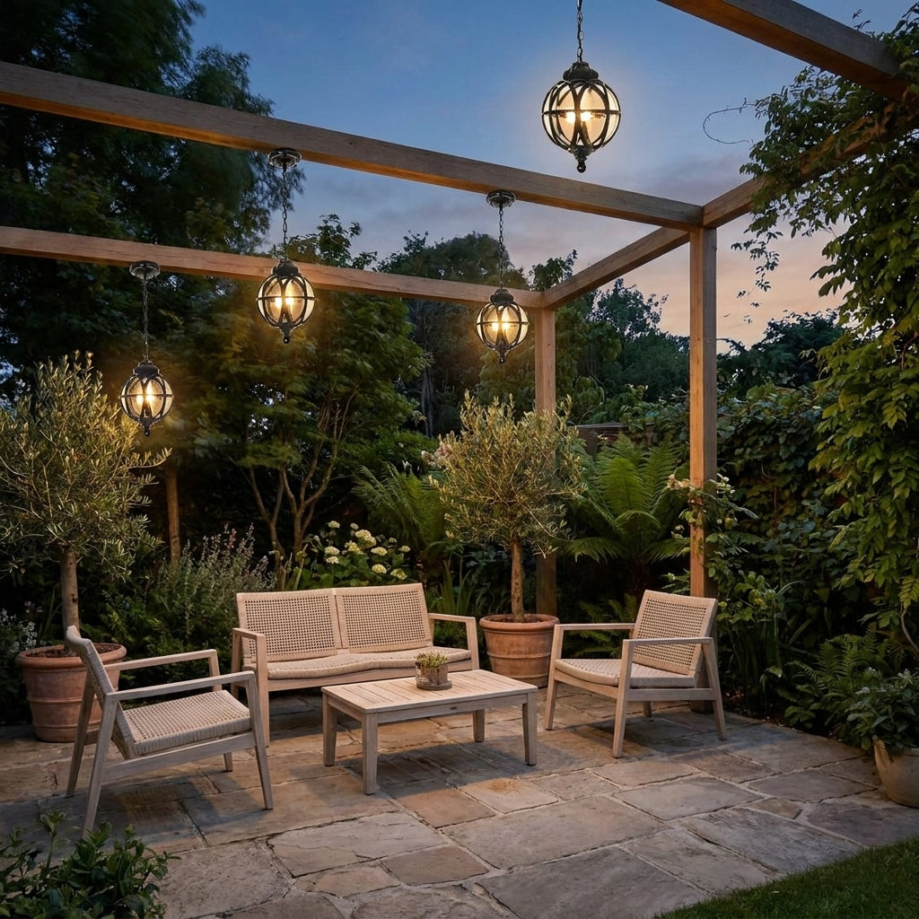 Outdoor Glass Ball Chandelier – multiple lanterns hanging over a pergola seating area at dusk