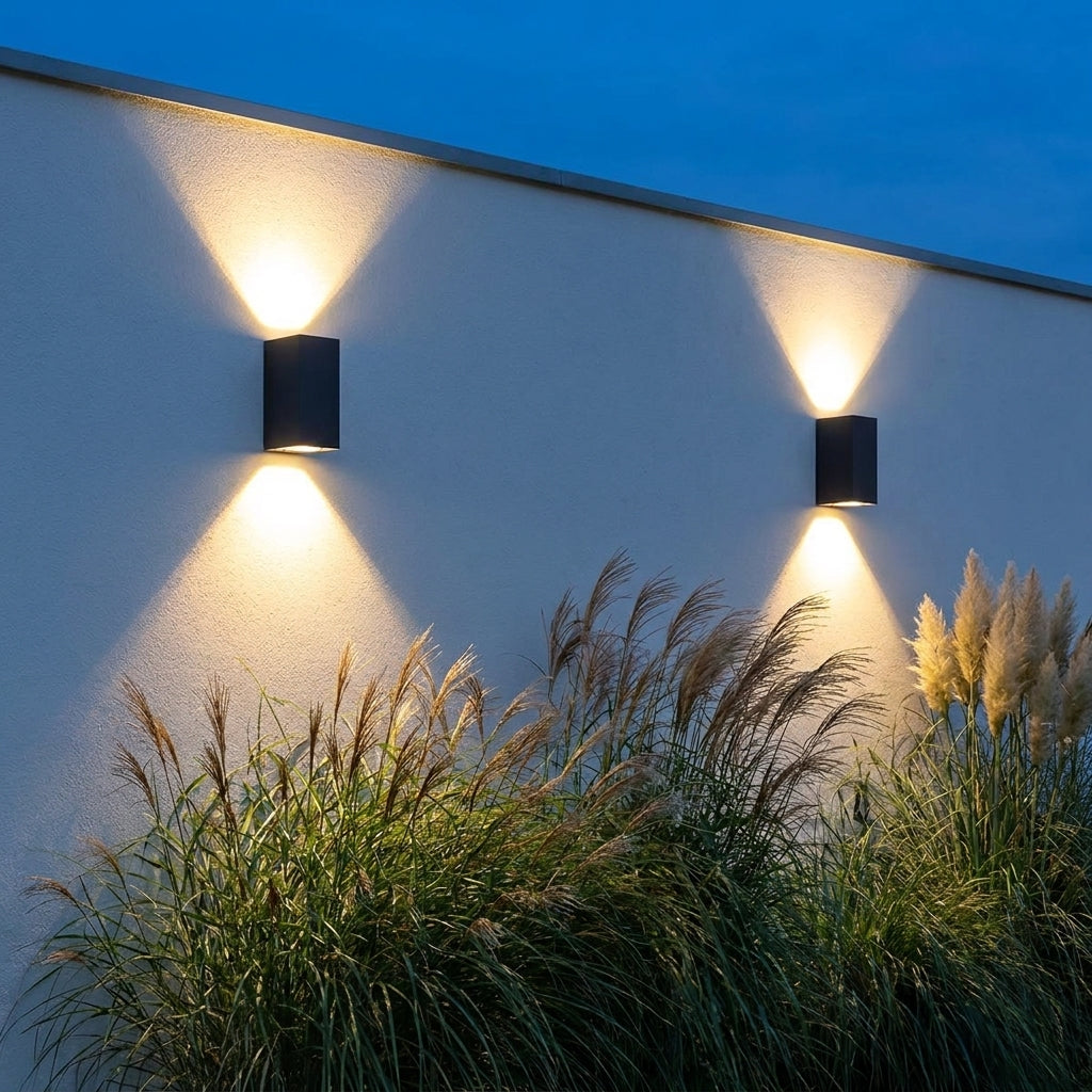 Square Outdoor Up & Down Wall Light – two lights mounted on a wall behind grasses
