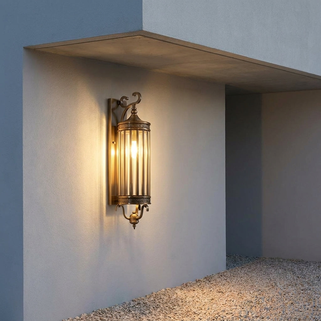 Mid Century Copper Outdoor Wall Lantern – mounted under a covered patio corner at dusk