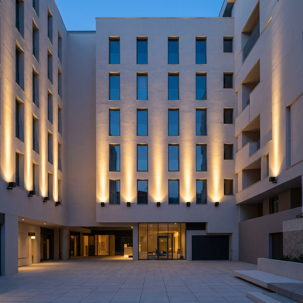 IP65 Outdoor LED Waterfall Wall Light – apartment courtyard with wall-mounted uplights at dusk