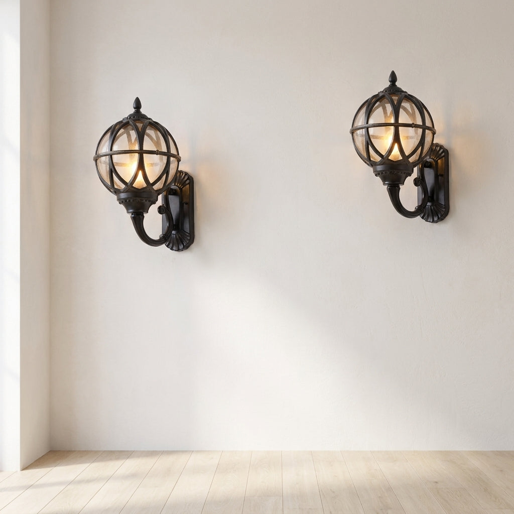 Bird's Nest Outdoor Wall Lantern – pair on a plain wall, wooden floor