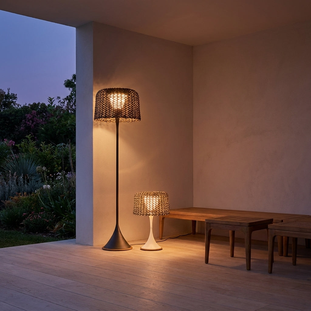 Woven Solar Outdoor Floor Lamp – lit under a covered terrace at night
