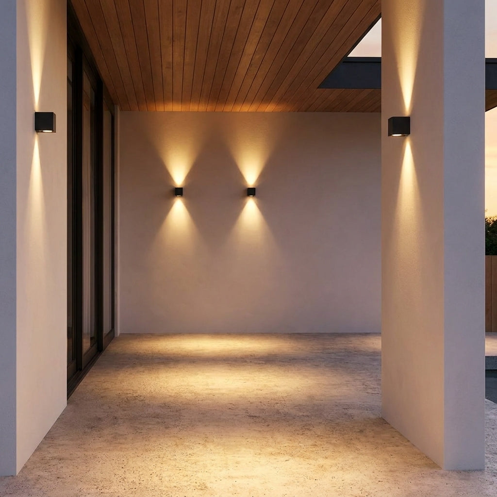 Square Outdoor Up & Down Wall Light – three lights mounted under a wooden ceiling