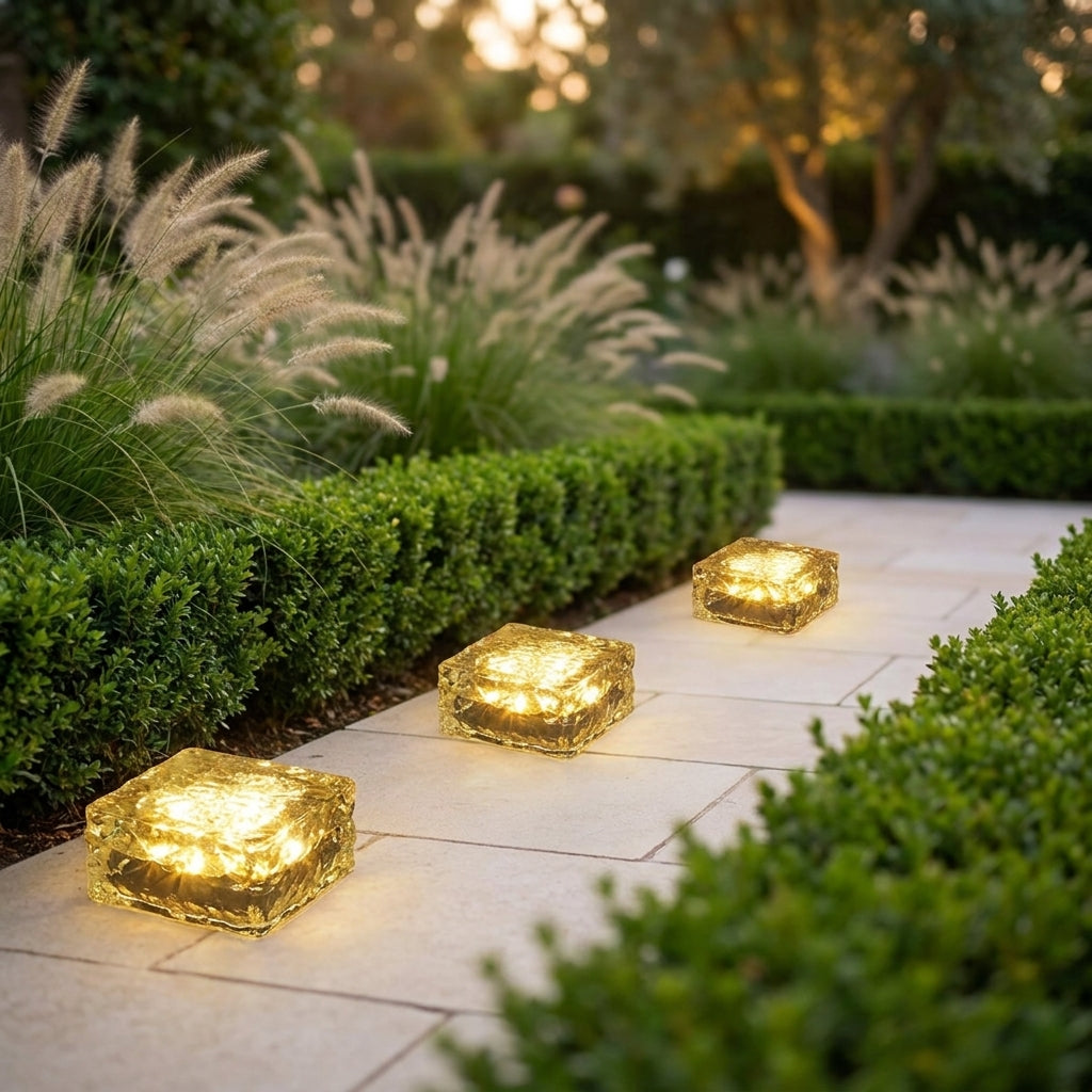 Solar Ice Brick Garden Lights – lit lining a hedge-bordered path at dusk