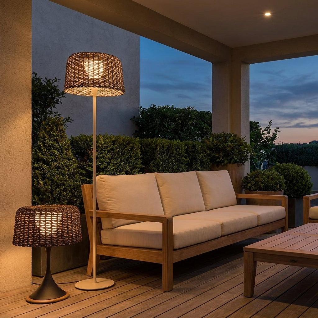 Woven Solar Outdoor Floor Lamp – lit beside a wooden sofa at dusk