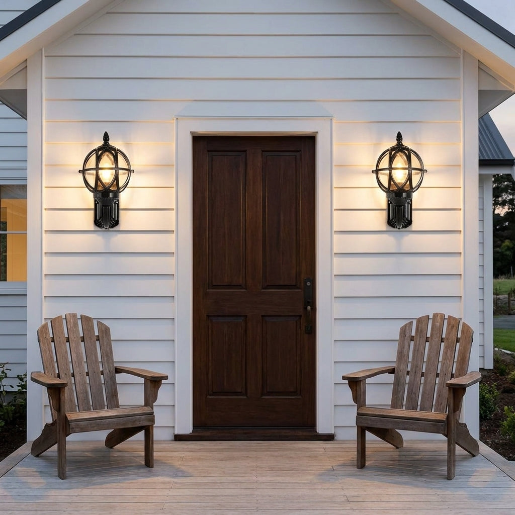 Bird's Nest Outdoor Wall Lantern – pair flanking a front door with porch chairs