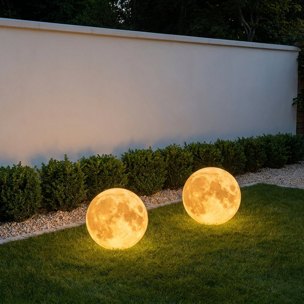 Solar Moon Ball Garden Lights – two moon lights on grass beside a wall