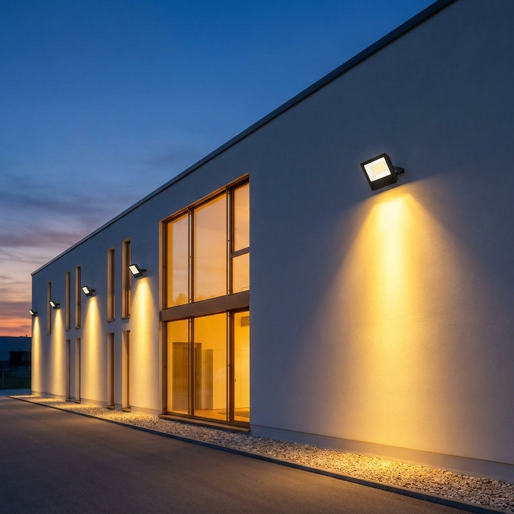 IP65 Outdoor LED Waterfall Wall Light – warehouse exterior with wall-mounted uplights at dusk