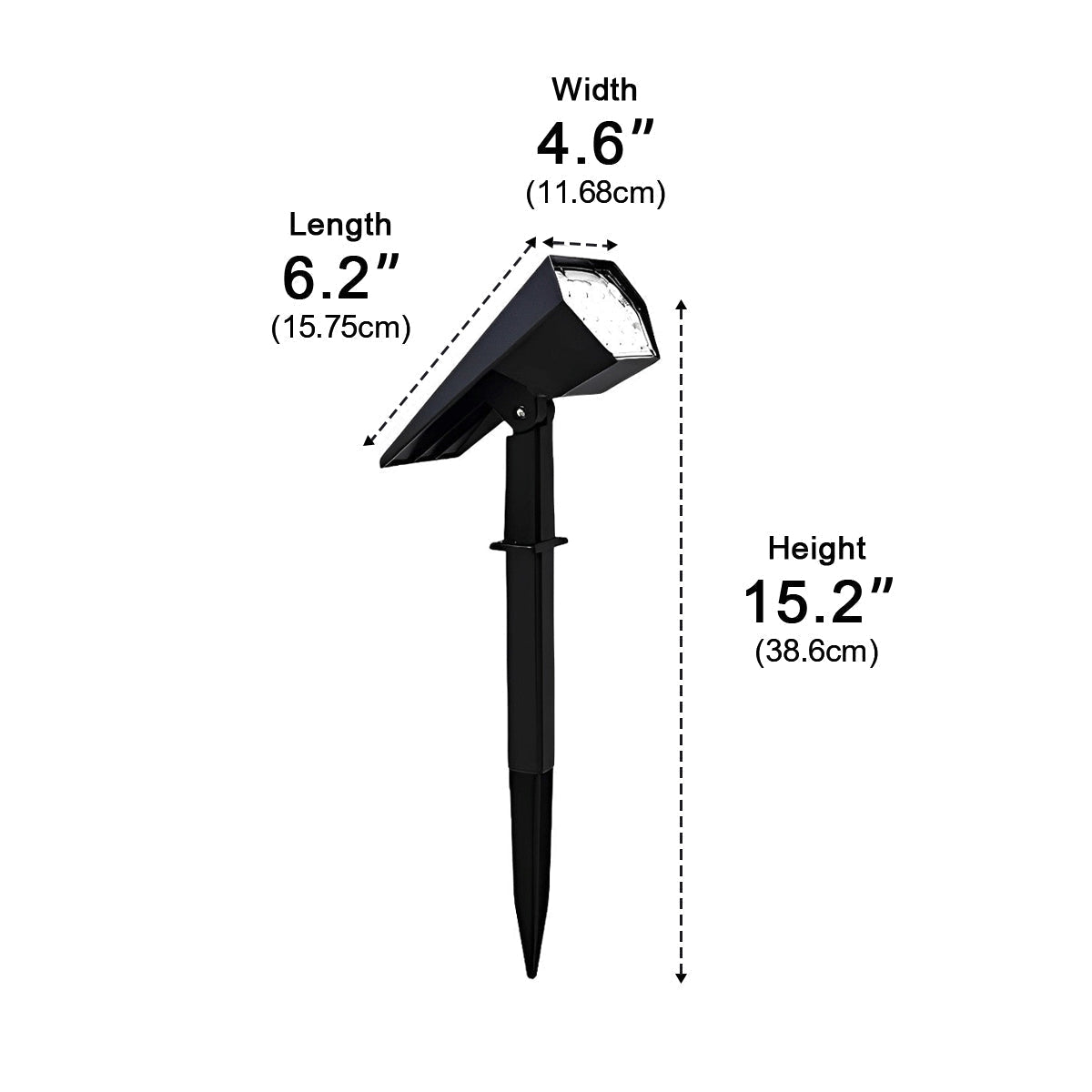 Adjustable Solar Garden Spotlight – dimensions diagram, 38.6 cm tall