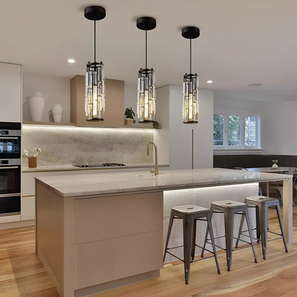 Crystal Glass Pendant Chandelier – three black-finish pendants above a kitchen island