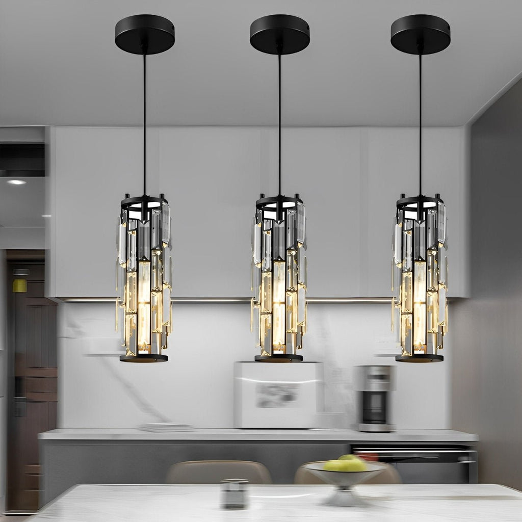 Crystal Glass Pendant Chandelier – three black-finish pendants above a marble breakfast bar