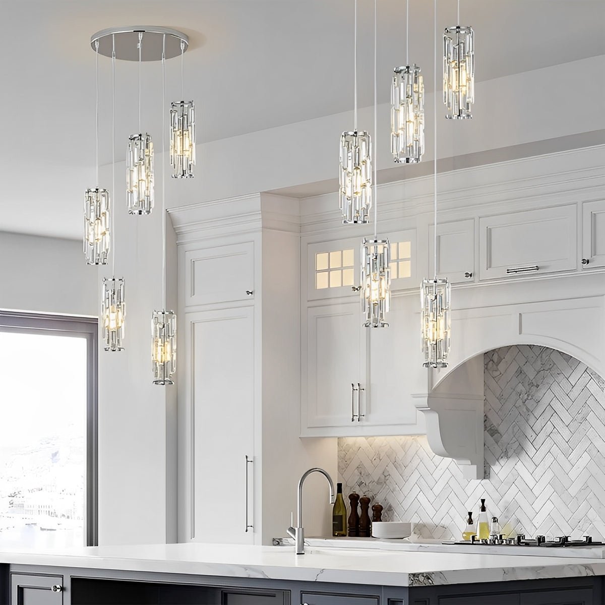 Crystal Glass Pendant Chandelier – cascading cluster of chrome-finish pendants above a kitchen