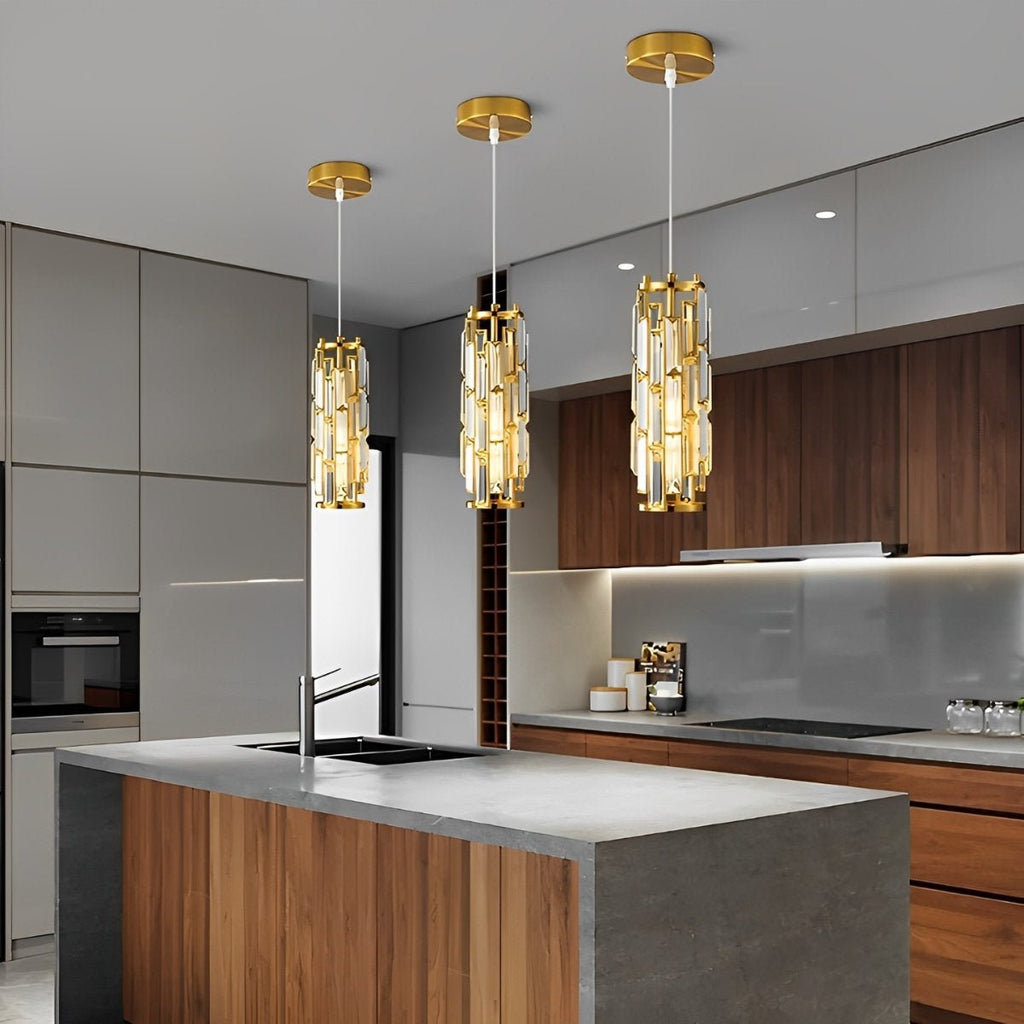 Crystal Glass Pendant Chandelier – three gold-finish pendants above a walnut kitchen island