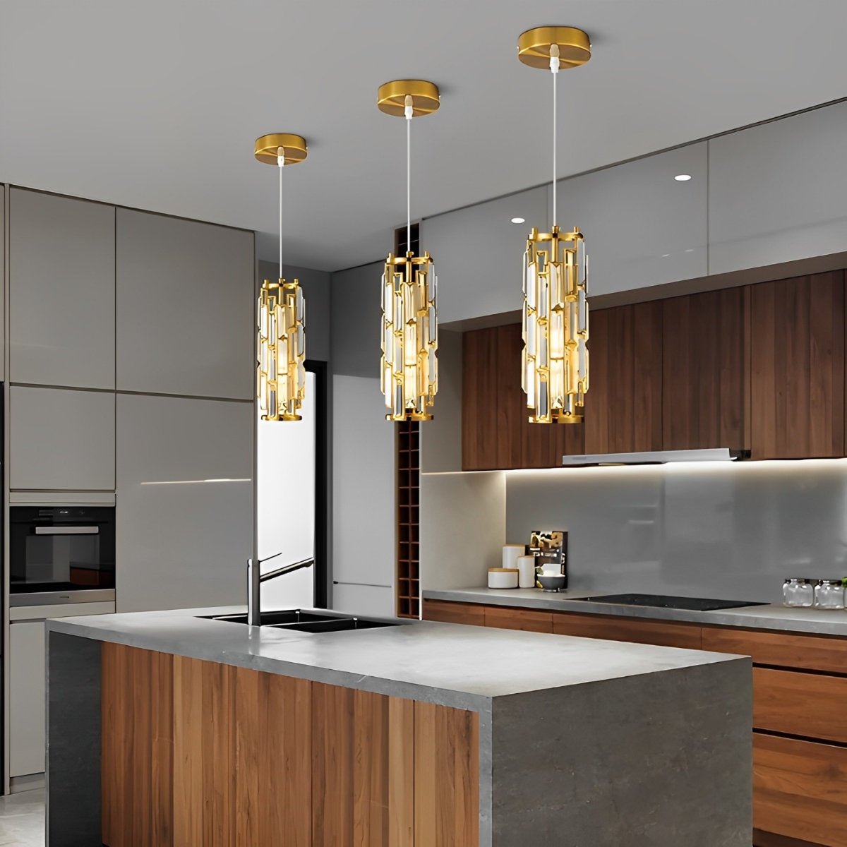 Crystal Glass Pendant Chandelier – three gold-finish pendants above a walnut kitchen island