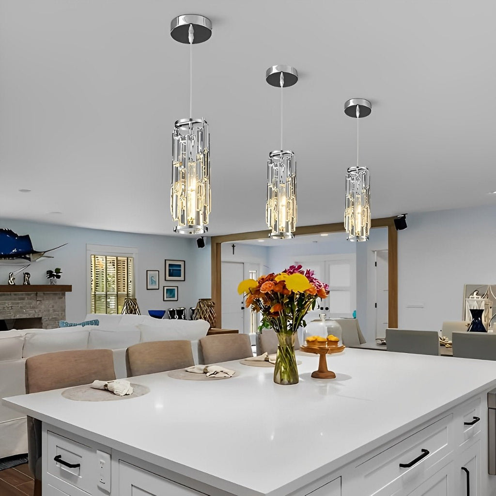 Crystal Glass Pendant Chandelier – three chrome-finish pendants above a white kitchen island