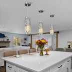 Crystal Glass Pendant Chandelier – three chrome-finish pendants above a white kitchen island