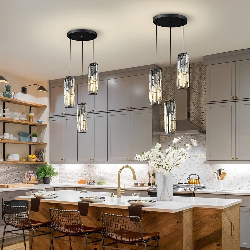 Crystal Glass Pendant Chandelier – cluster of black-finish pendants above a grey kitchen