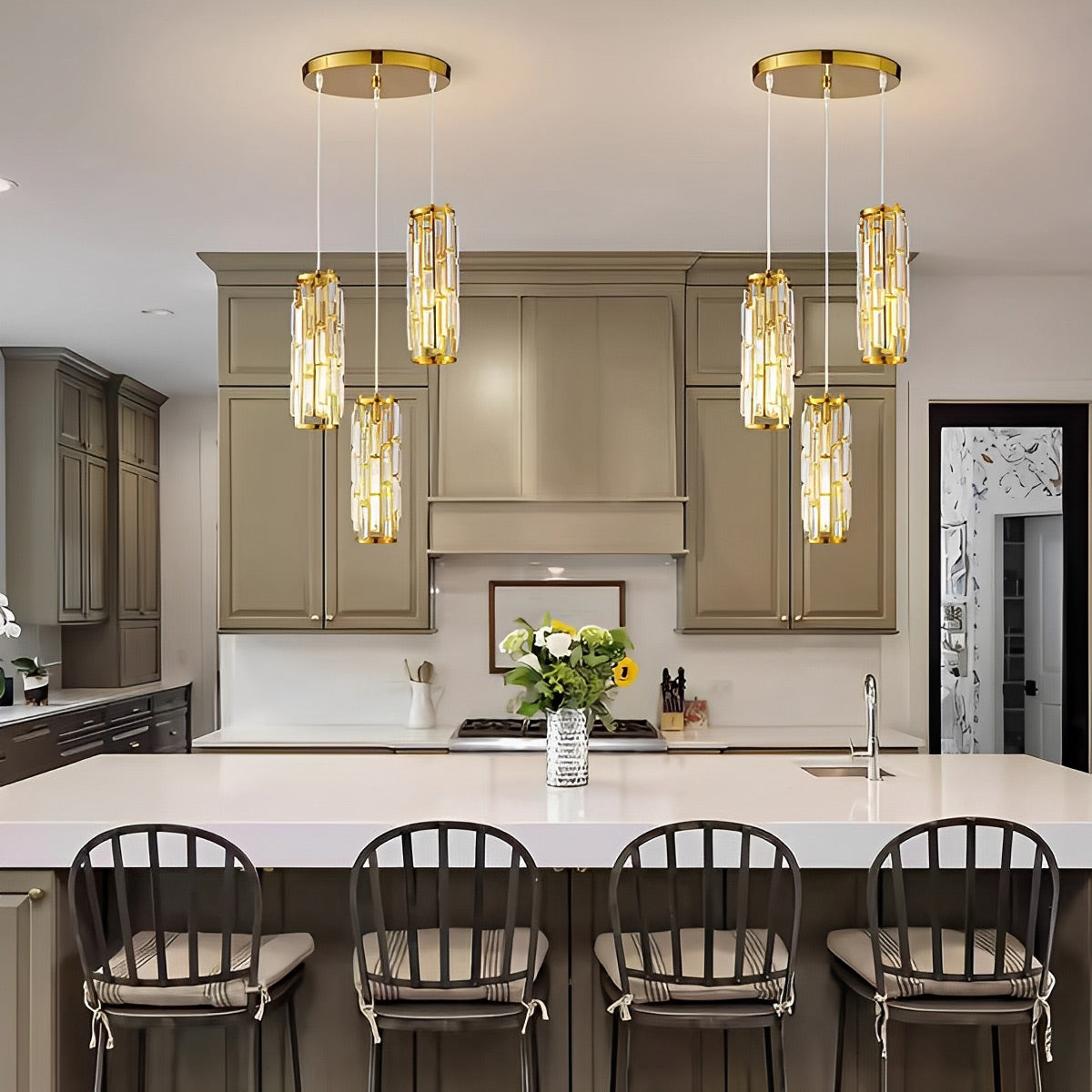 Crystal Glass Pendant Chandelier – cluster of gold-finish pendants above a green kitchen