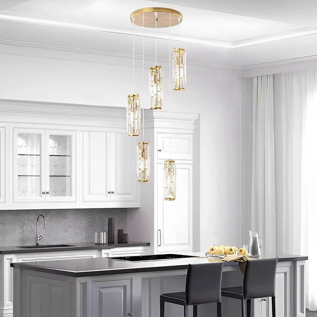 Crystal Glass Pendant Chandelier – cluster of gold-finish pendants above a marble island