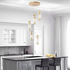 Crystal Glass Pendant Chandelier – cluster of gold-finish pendants above a marble island