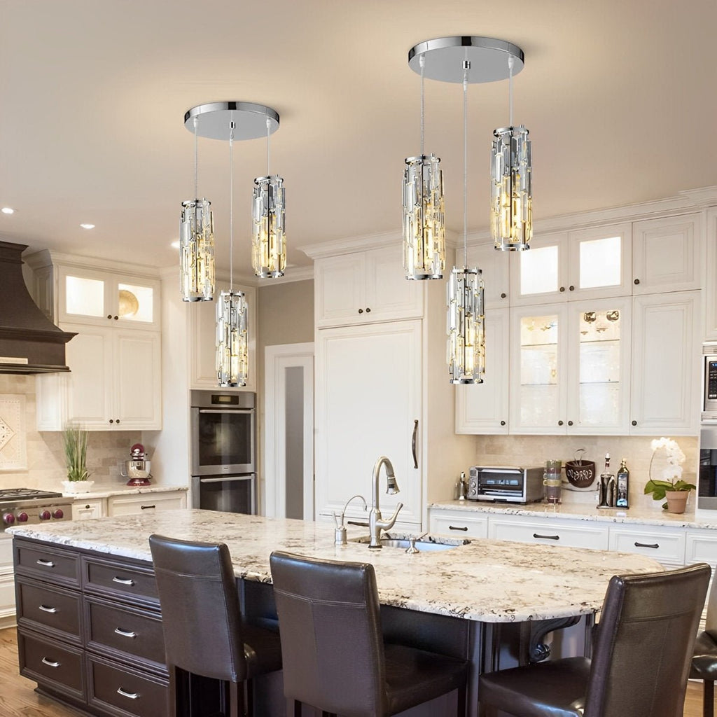 Crystal Glass Pendant Chandelier – cluster of chrome-finish pendants above a granite island