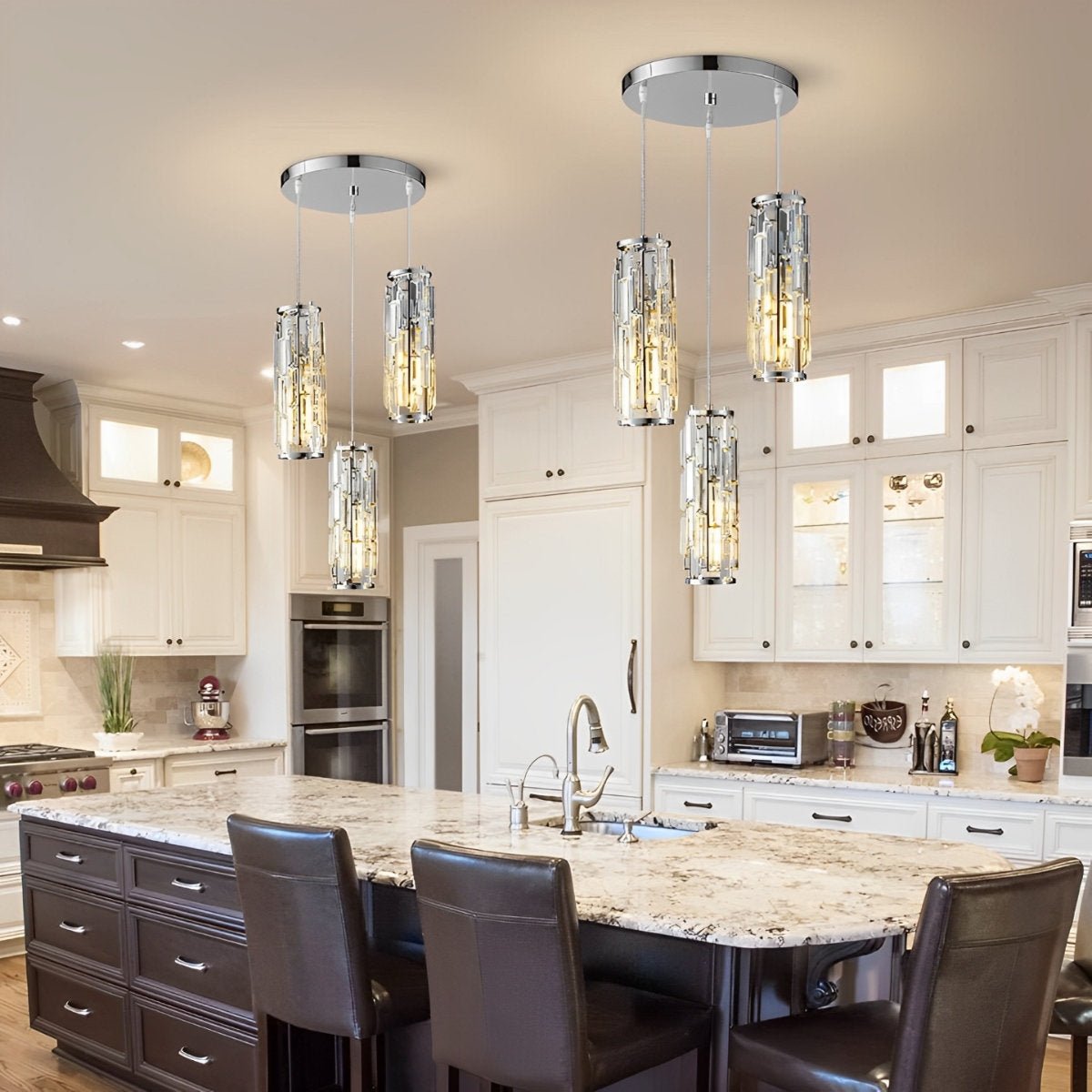 Crystal Glass Pendant Chandelier – cluster of chrome-finish pendants above a granite island
