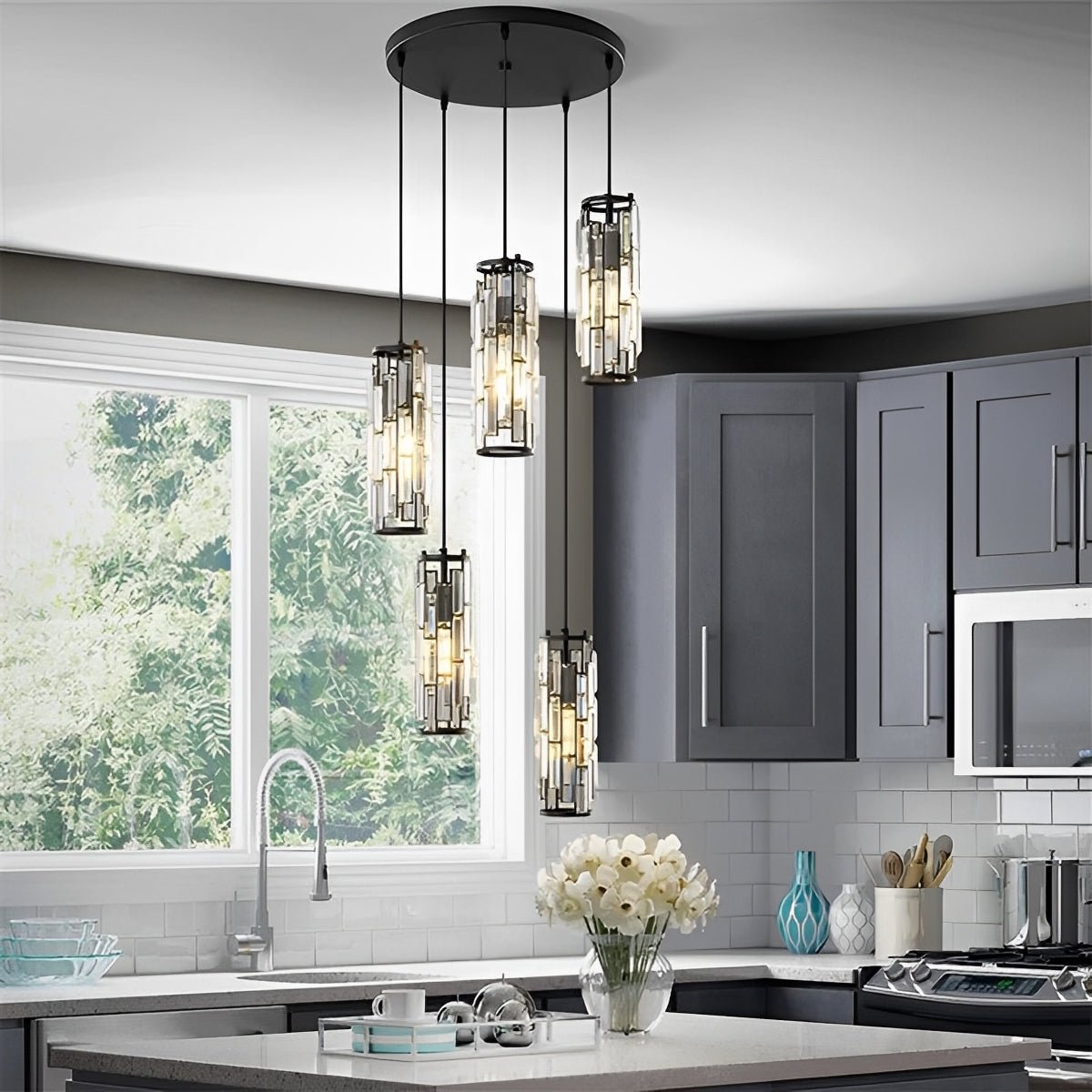 Crystal Glass Pendant Chandelier – cluster of black-finish pendants above a grey sink