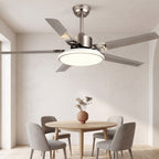 Five Blade Stainless Steel Ceiling Fan with Light – on a ceiling above a dining table, silver