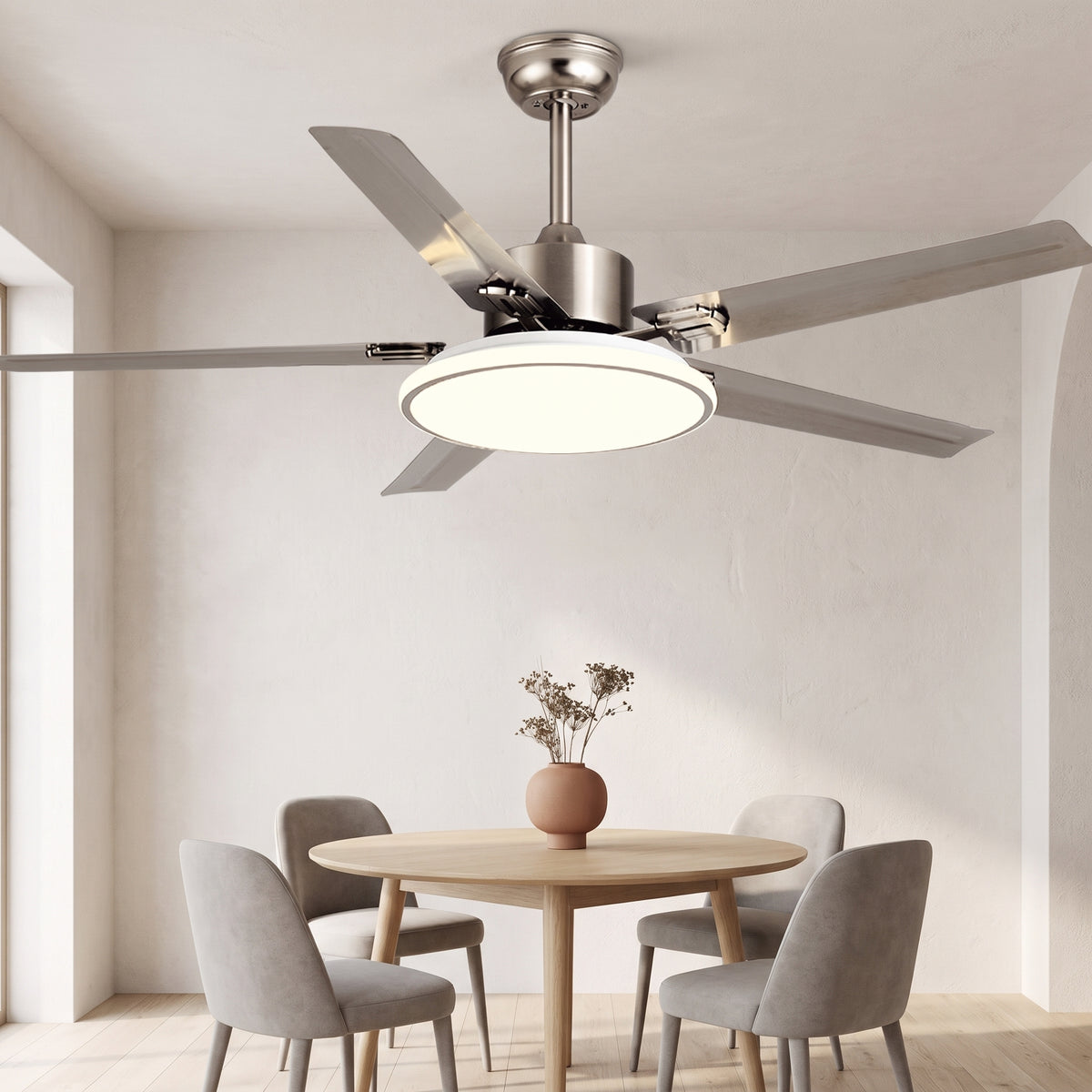 Five Blade Stainless Steel Ceiling Fan with Light – on a ceiling above a dining table, silver