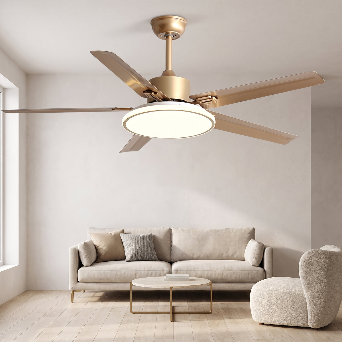 Five Blade Stainless Steel Ceiling Fan with Light – on a ceiling above a sofa, gold finish