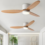 Low Profile DC Ceiling Fan with LED Light – two fans in white with light wood blades in a bright room
