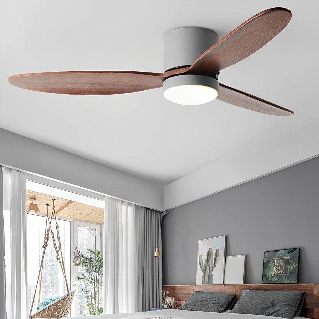 Low Profile DC Ceiling Fan with LED Light – white finish with walnut blades in a grey bedroom
