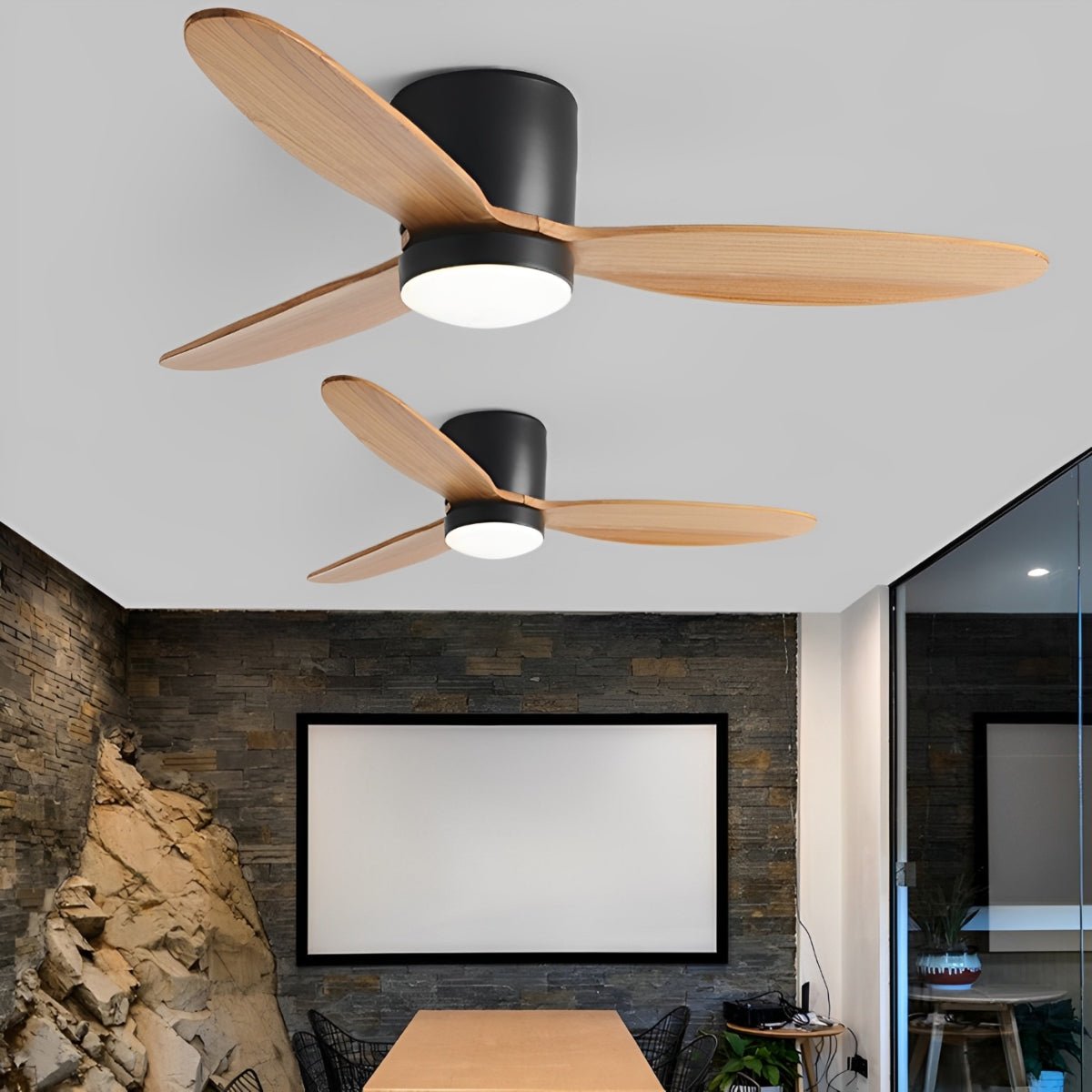 Low Profile DC Ceiling Fan with LED Light – two fans in black with light wood blades above a dining table