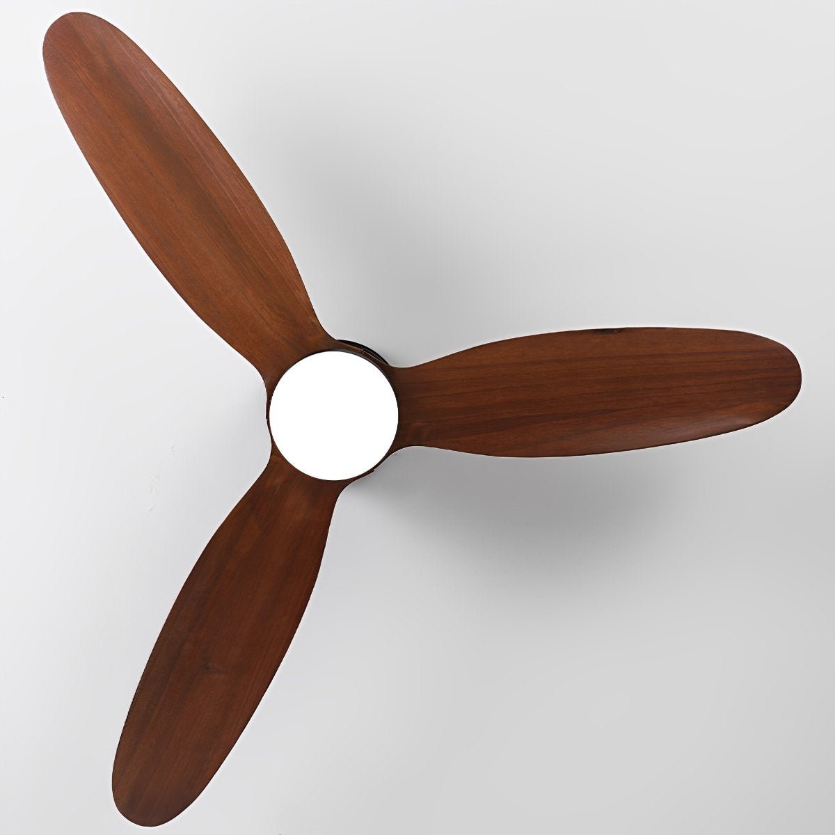 Low Profile DC Ceiling Fan with LED Light – top-down view of the walnut blades and black motor