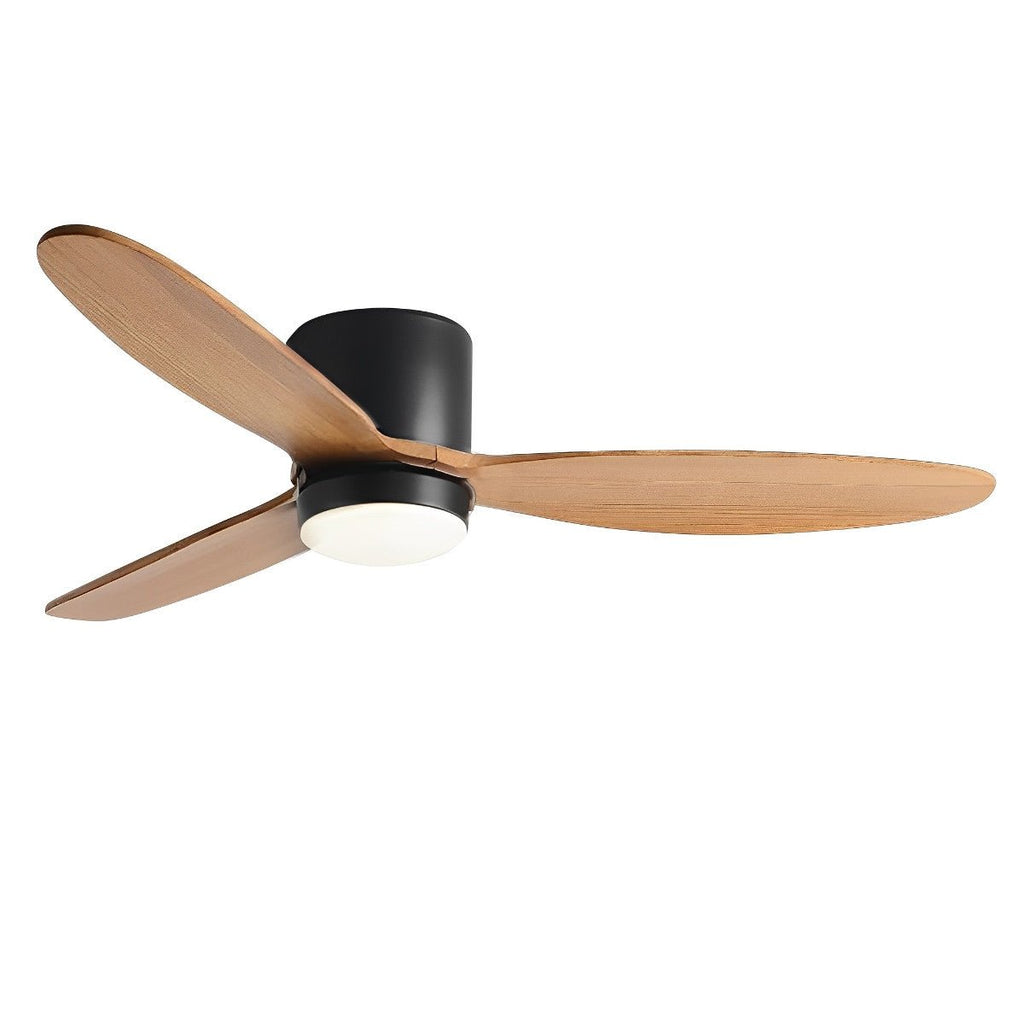 Low Profile DC Ceiling Fan with LED Light – side profile, black finish with light wood blades, white background