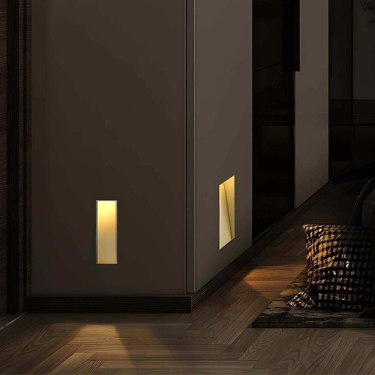 Recessed Motion Sensor LED Wall Light – recessed in a hallway wall at night