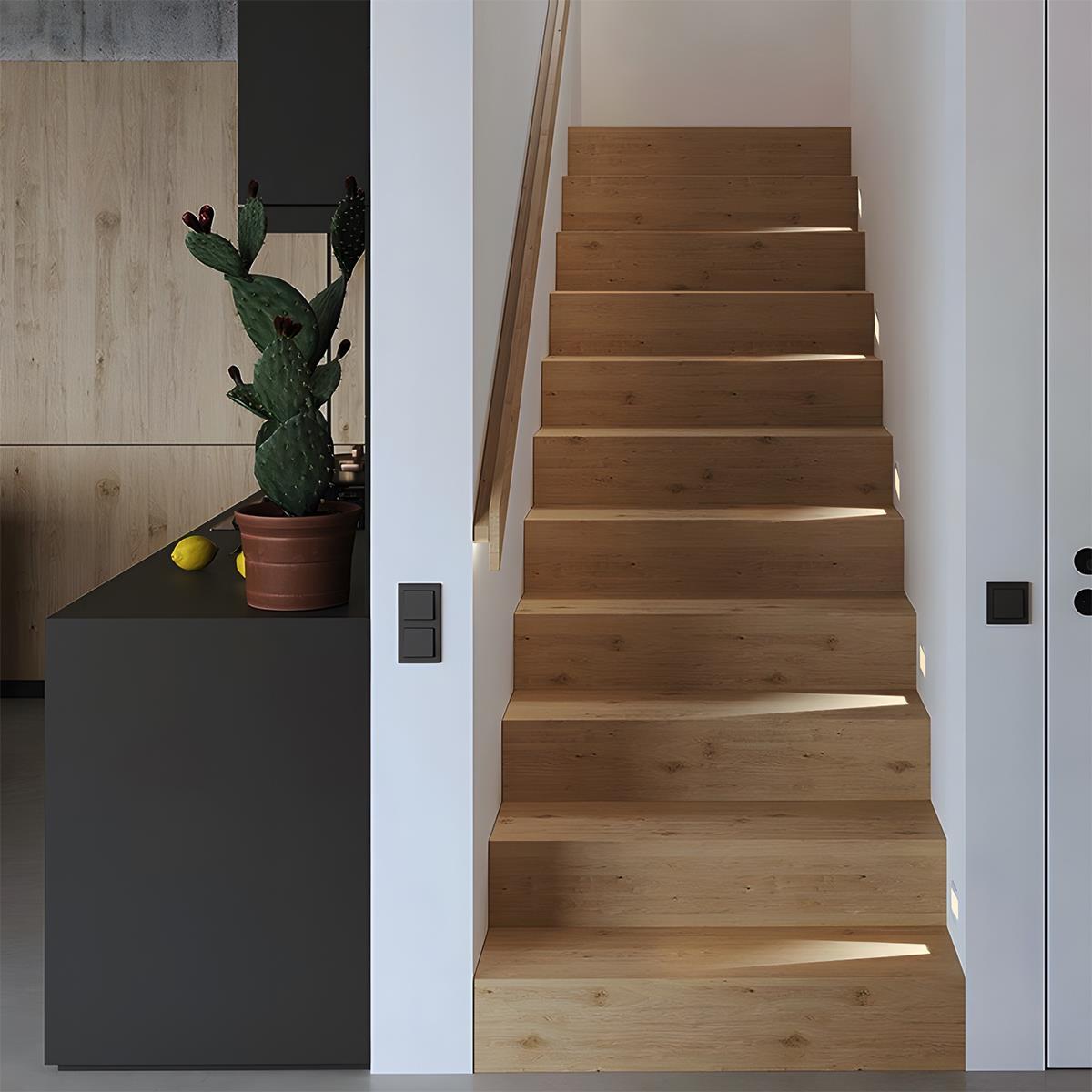Recessed Motion Sensor LED Wall Light – unlit fitting beside a wooden staircase