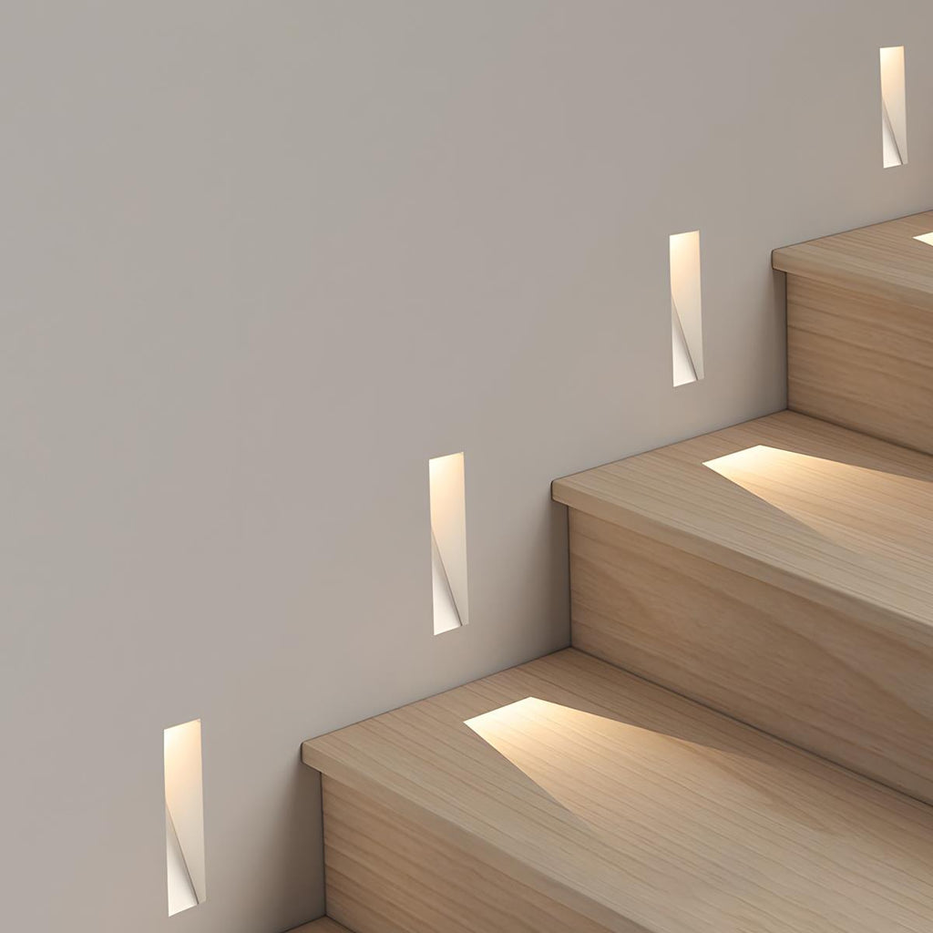 Recessed Motion Sensor LED Wall Light – recessed lights lit beside pale wooden stairs