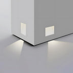 Recessed Motion Sensor LED Wall Light – recessed at a building corner, lit at dusk