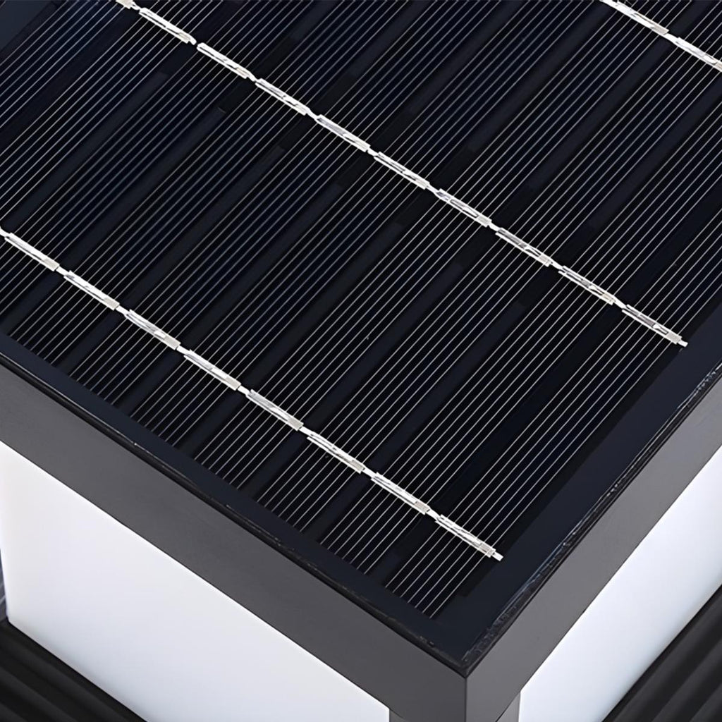 Square Black Solar Fence Post Light – close-up of the solar panel on top