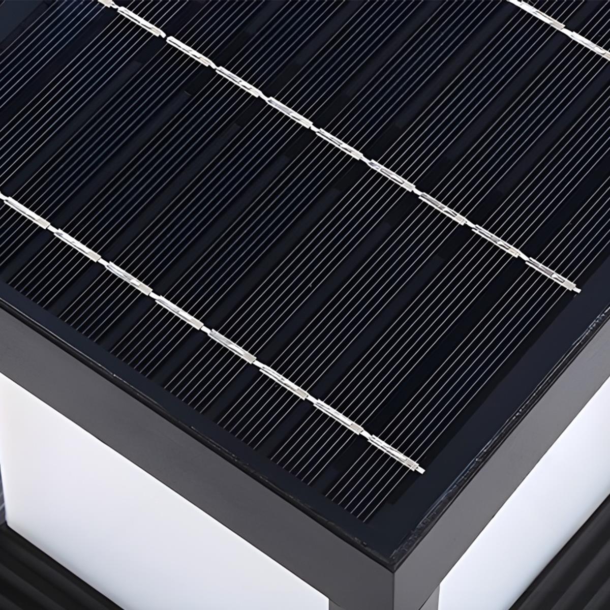 Square Black Solar Fence Post Light – close-up of the solar panel on top