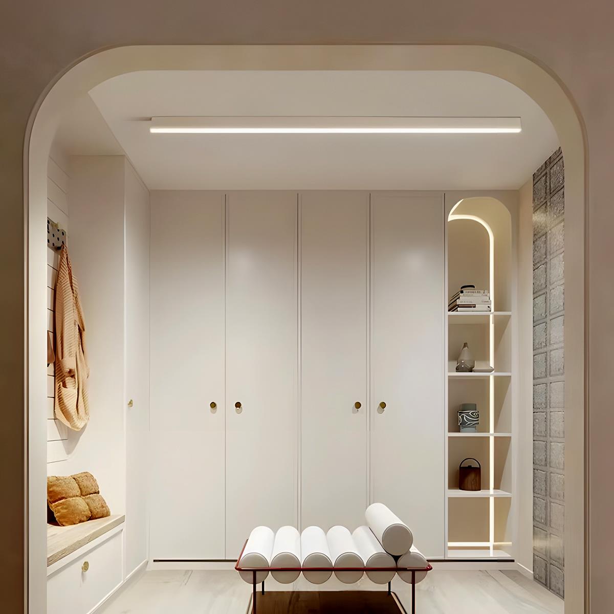 Slim Dimmable LED Linear Ceiling Light – lit above a dressing room with wardrobes