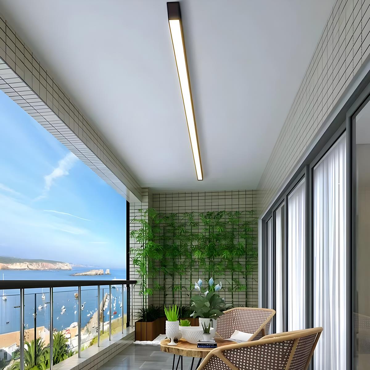 Slim Dimmable LED Linear Ceiling Light – lit on a balcony overlooking the sea