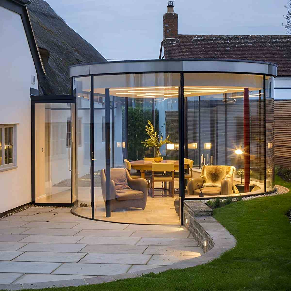 Slim Dimmable LED Linear Ceiling Light – lit around a curved conservatory ceiling at dusk
