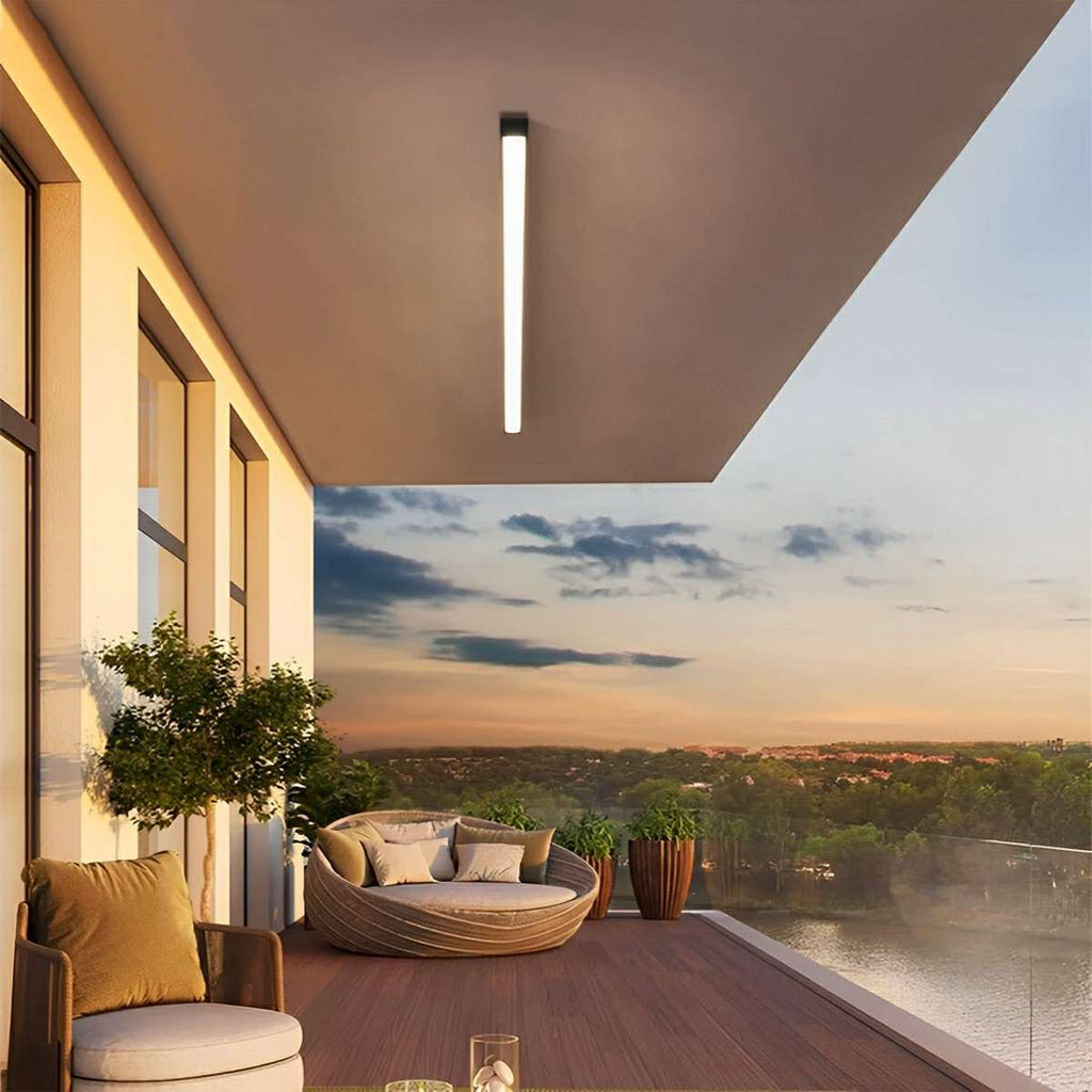 Slim Dimmable LED Linear Ceiling Light – lit under a balcony overhang at sunset